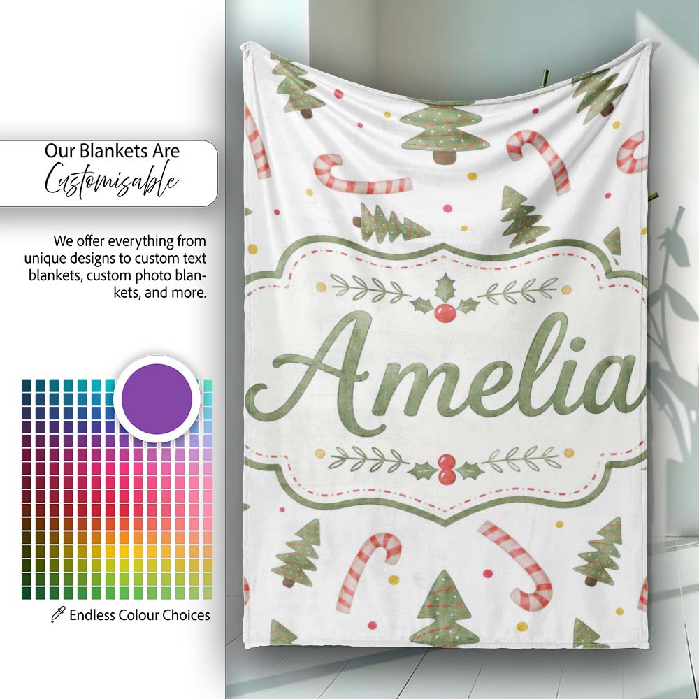 Christmas Trees Candy Canes Snowflakes Holiday Seamless Pattern  Personalised Custom Name Super Soft Fleece Blanket Bed Sofa Throw
