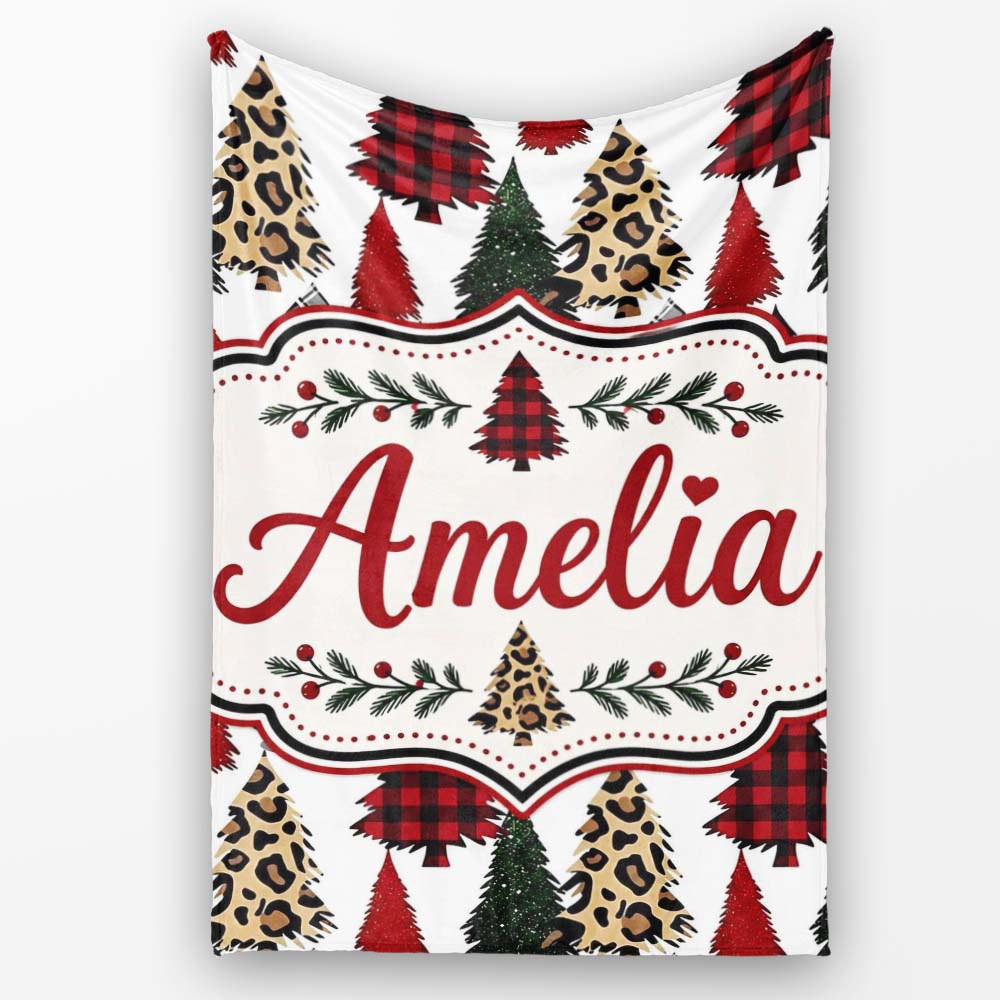 Leopard Plaid and Festive Christmas Trees Modern Seamless Pattern  Personalised Custom Name Super Soft Fleece Blanket Bed Sofa Throw
