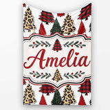 Leopard Plaid and Festive Christmas Trees Modern Seamless Pattern  Personalised Custom Name Super Soft Fleece Blanket Bed Sofa Throw