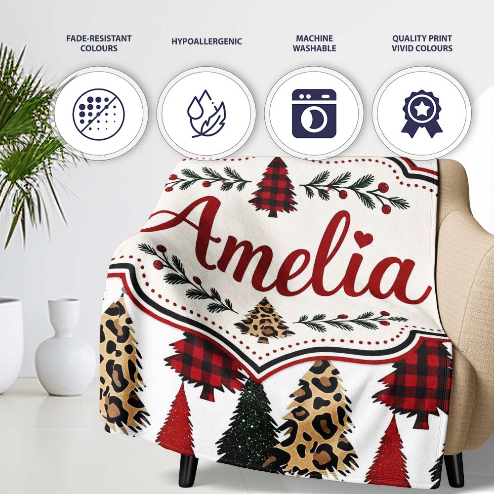 Leopard Plaid and Festive Christmas Trees Modern Seamless Pattern  Personalised Custom Name Super Soft Fleece Blanket Bed Sofa Throw