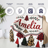 Leopard Plaid and Festive Christmas Trees Modern Seamless Pattern  Personalised Custom Name Super Soft Fleece Blanket Bed Sofa Throw