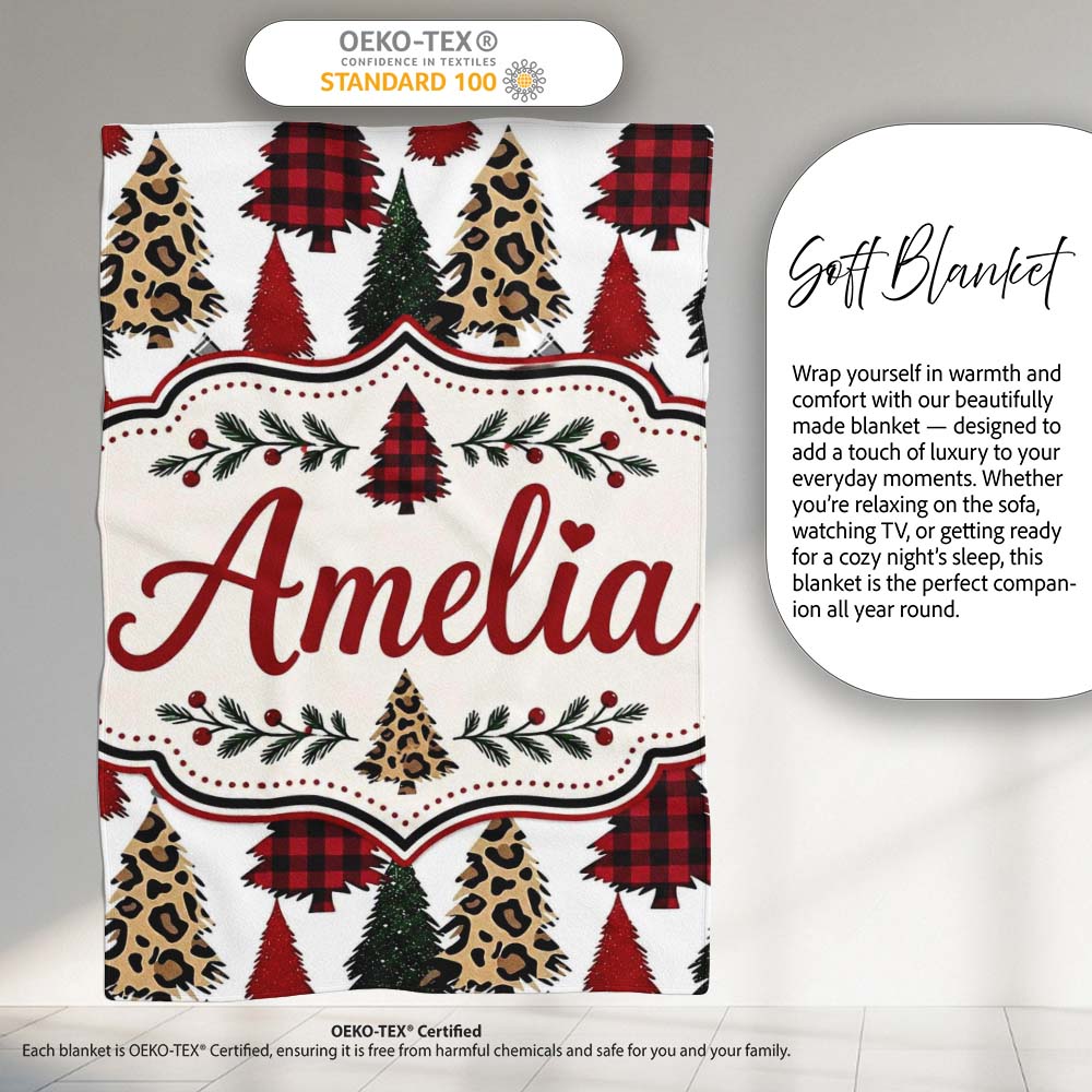 Leopard Plaid and Festive Christmas Trees Modern Seamless Pattern  Personalised Custom Name Super Soft Fleece Blanket Bed Sofa Throw