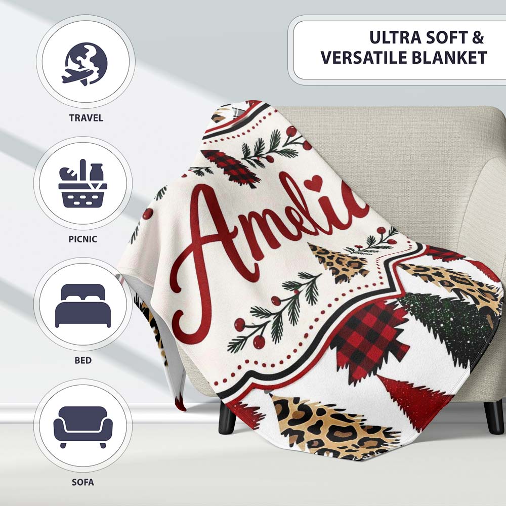 Leopard Plaid and Festive Christmas Trees Modern Seamless Pattern  Personalised Custom Name Super Soft Fleece Blanket Bed Sofa Throw
