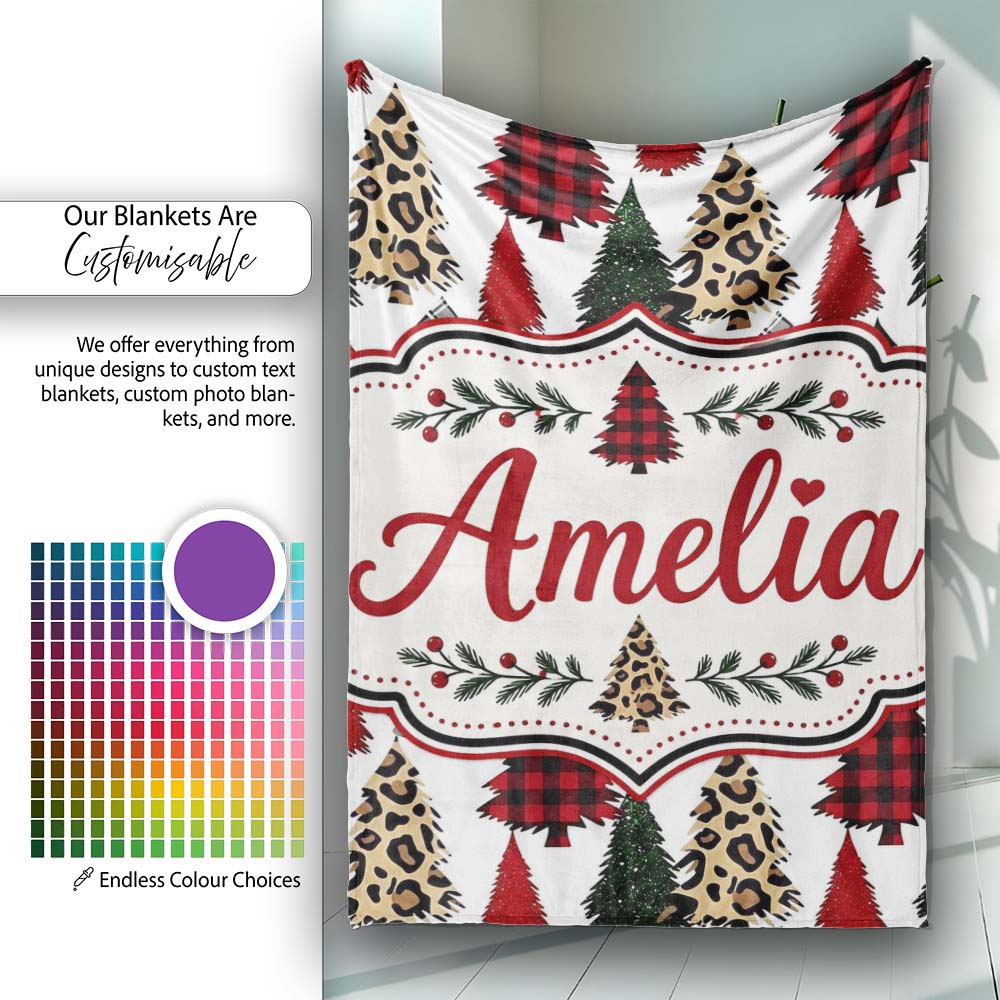 Leopard Plaid and Festive Christmas Trees Modern Seamless Pattern  Personalised Custom Name Super Soft Fleece Blanket Bed Sofa Throw