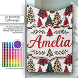 Leopard Plaid and Festive Christmas Trees Modern Seamless Pattern  Personalised Custom Name Super Soft Fleece Blanket Bed Sofa Throw