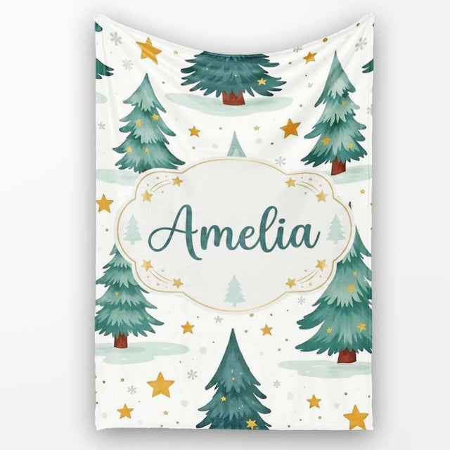 Snowy Christmas Pine Trees with Golden Stars Winter Seamless Pattern  Personalised Custom Name Super Soft Fleece Blanket Bed Sofa Throw