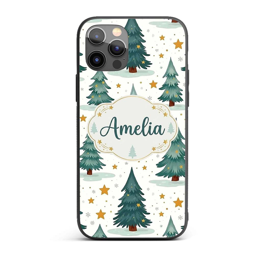 Snowy Christmas Pine Trees with Golden Stars Custom Name Protective Phone Case Mobile Cover Durable Everyday Smartphone Shock Resistant
