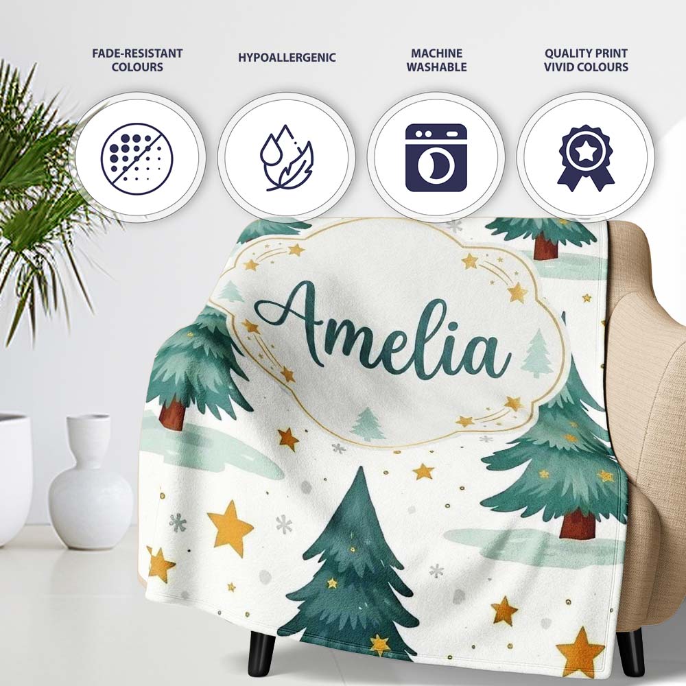 Snowy Christmas Pine Trees with Golden Stars Winter Seamless Pattern  Personalised Custom Name Super Soft Fleece Blanket Bed Sofa Throw