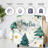 Snowy Christmas Pine Trees with Golden Stars Winter Seamless Pattern  Personalised Custom Name Super Soft Fleece Blanket Bed Sofa Throw