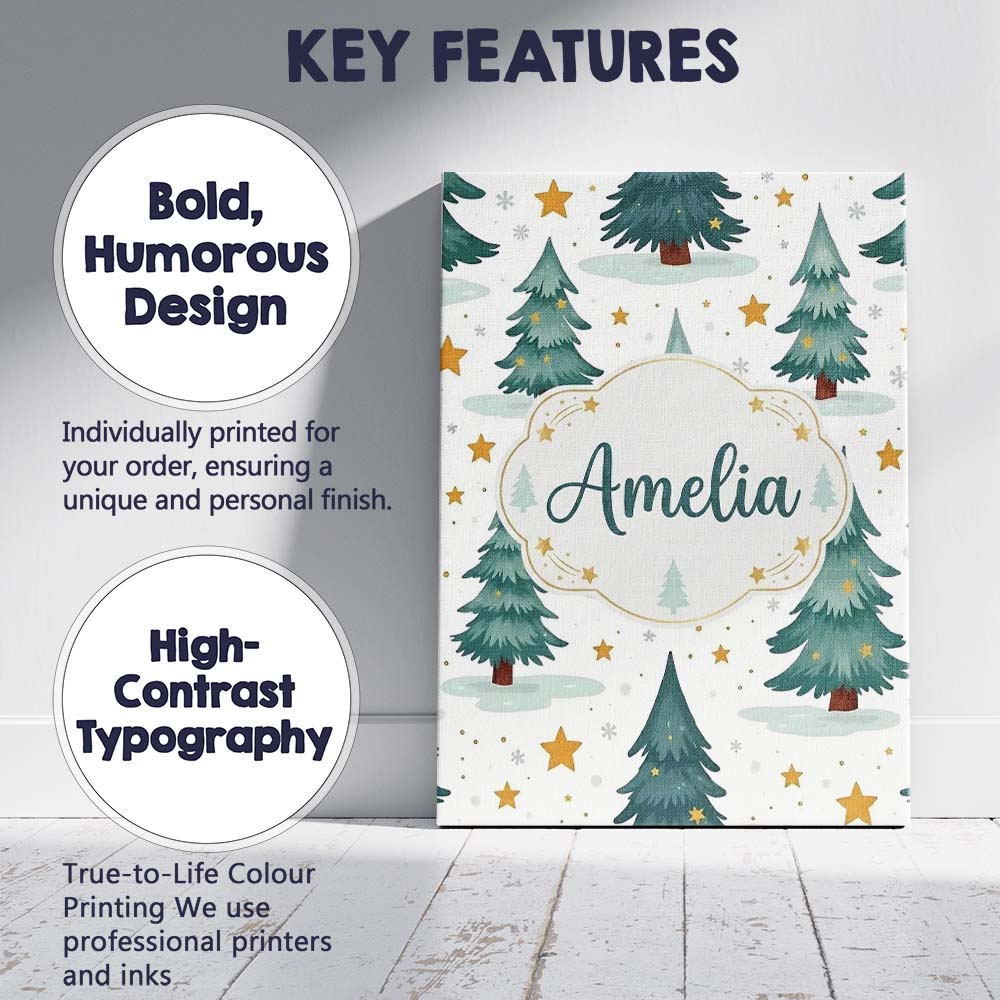 Personalised Name Snowy Christmas Pine Custom  Modern Room Accent Elegant Feature Canvas Wall Art Print Decor Picture Ready to Hang