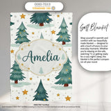 Snowy Christmas Pine Trees with Golden Stars Winter Seamless Pattern  Personalised Custom Name Super Soft Fleece Blanket Bed Sofa Throw