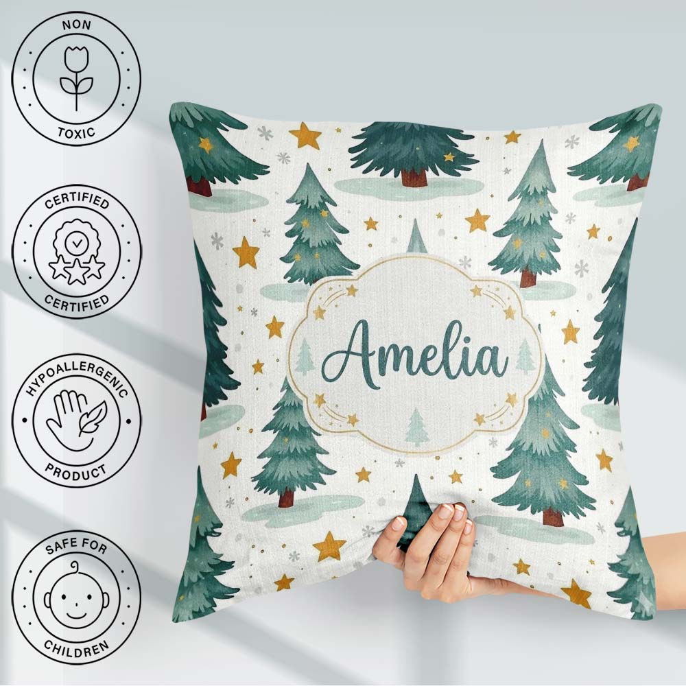Custom Name Snowy Christmas Pine Trees with Golden Stars Pattern Square Filled Cushion Throw Pillow Sofa Bed Home Decor Zip Washable UK Made