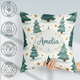 Custom Name Snowy Christmas Pine Trees with Golden Stars Pattern Square Filled Cushion Throw Pillow Sofa Bed Home Decor Zip Washable UK Made