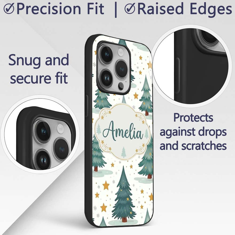 Snowy Christmas Pine Trees with Golden Stars Custom Name Protective Phone Case Mobile Cover Durable Everyday Smartphone Shock Resistant