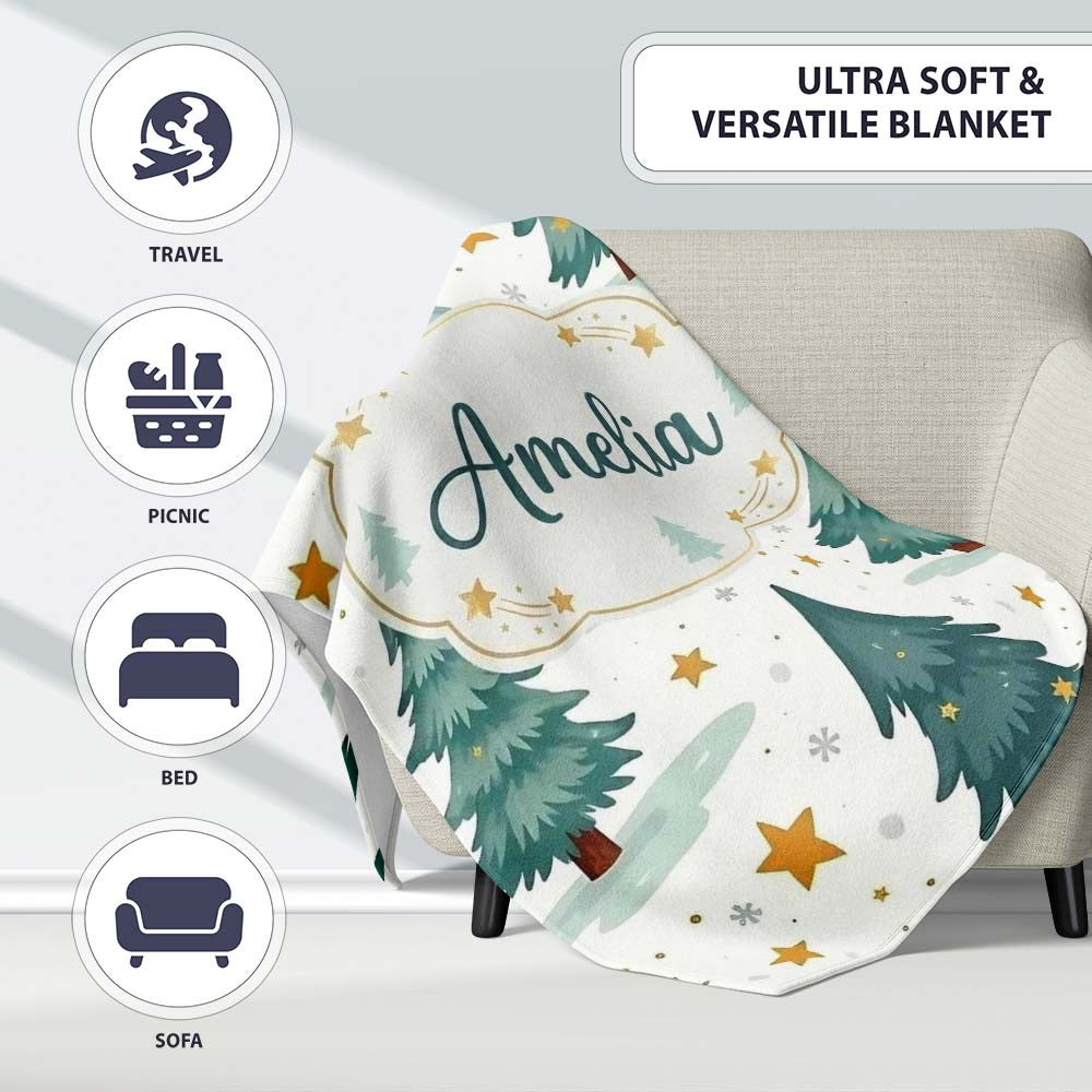 Snowy Christmas Pine Trees with Golden Stars Winter Seamless Pattern  Personalised Custom Name Super Soft Fleece Blanket Bed Sofa Throw