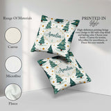 Custom Name Snowy Christmas Pine Trees with Golden Stars Pattern Square Filled Cushion Throw Pillow Sofa Bed Home Decor Zip Washable UK Made
