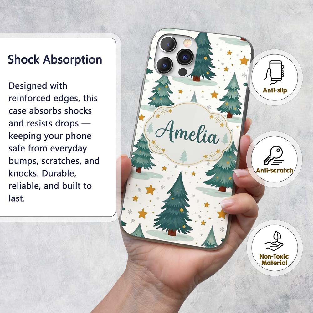 Snowy Christmas Pine Trees with Golden Stars Custom Name Protective Phone Case Mobile Cover Durable Everyday Smartphone Shock Resistant