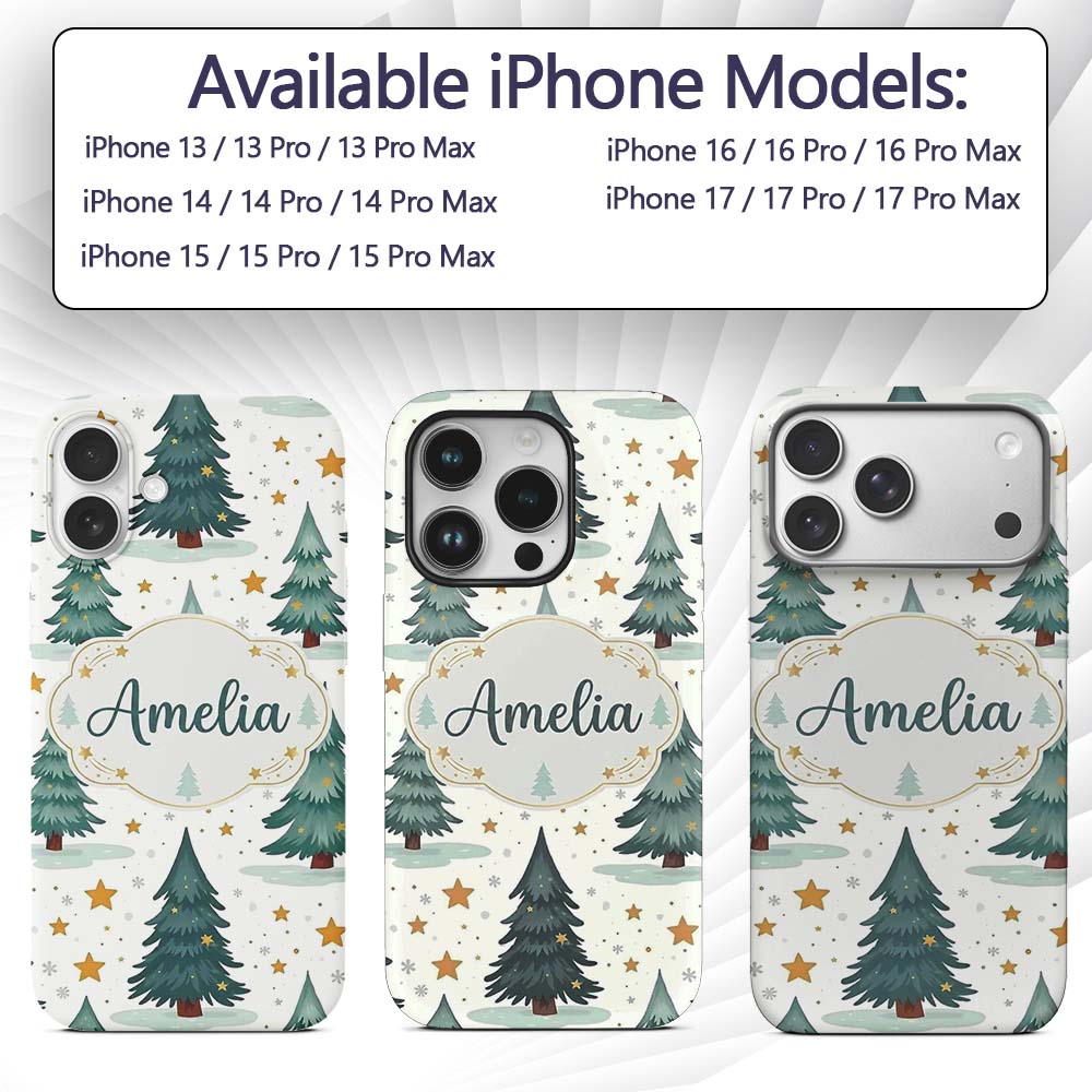 Snowy Christmas Pine Trees with Golden Stars Custom Name Protective Phone Case Mobile Cover Durable Everyday Smartphone Shock Resistant