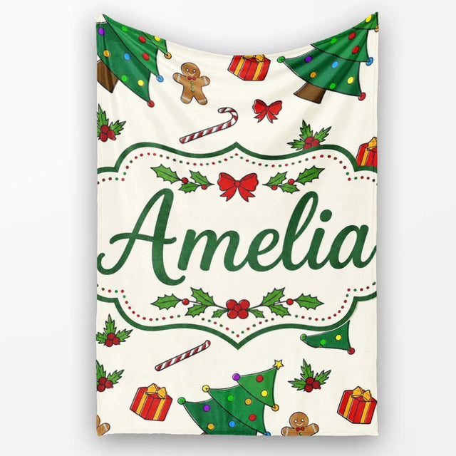 Cute Christmas Trees with Gingerbread Candy Canes and Gifts Seamless  Personalised Custom Name Super Soft Fleece Blanket Bed Sofa Throw