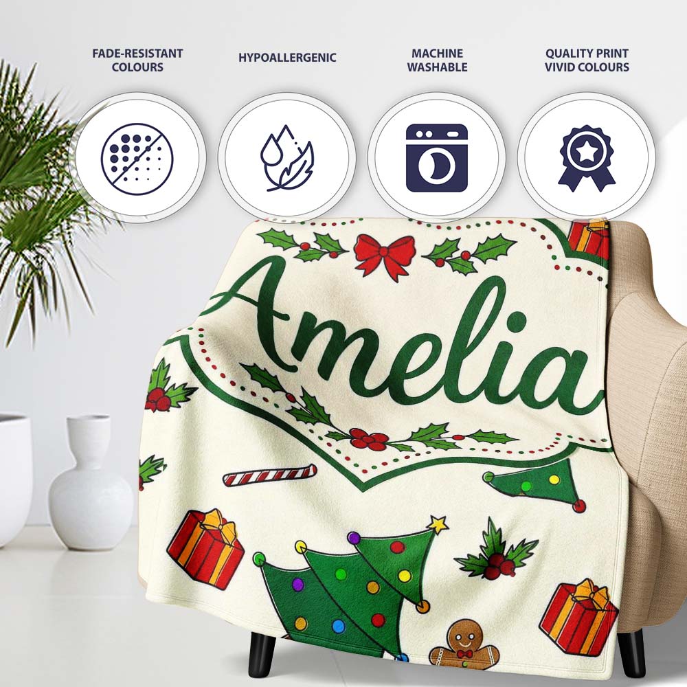Cute Christmas Trees with Gingerbread Candy Canes and Gifts Seamless  Personalised Custom Name Super Soft Fleece Blanket Bed Sofa Throw