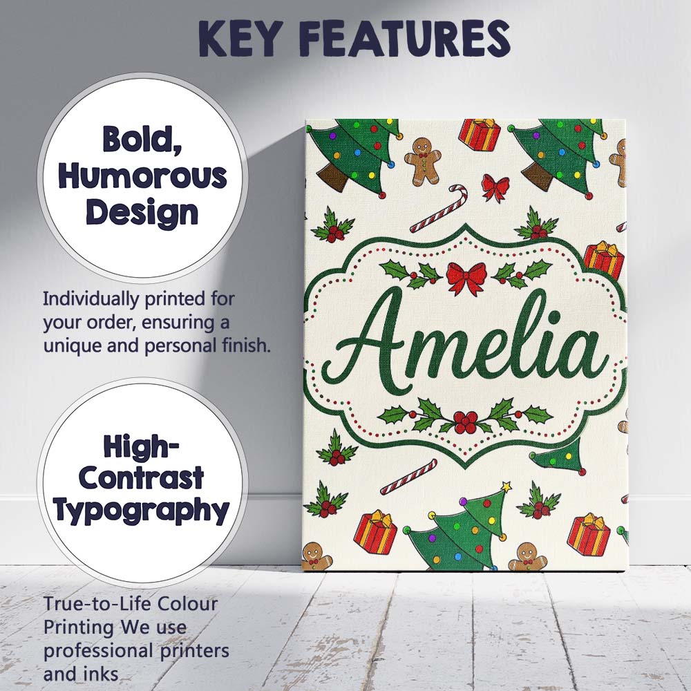 Personalised Name Cute Christmas Trees with Custom  Bespoke Interior Contemporary Canvas Wall Art Print Decor Picture Ready to Hang