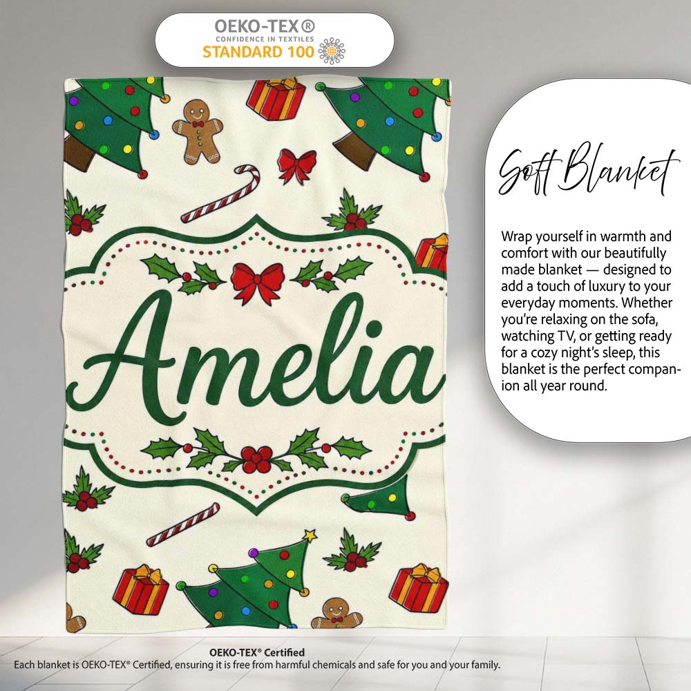 Cute Christmas Trees with Gingerbread Candy Canes and Gifts Seamless  Personalised Custom Name Super Soft Fleece Blanket Bed Sofa Throw