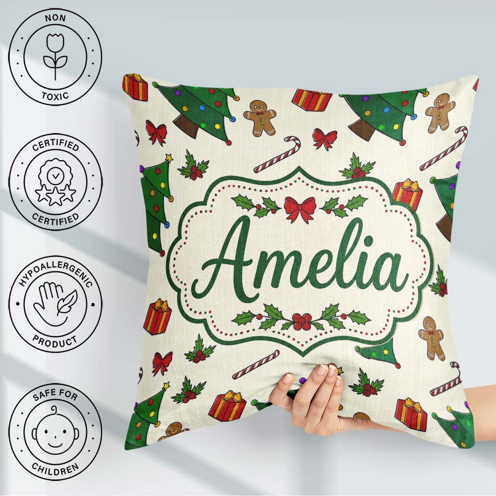 Custom Name Christmas Trees with Candy Canes and Gifts Seamless Square Filled Cushion Throw Pillow Sofa Bed Home Decor Zip Washable UK Made