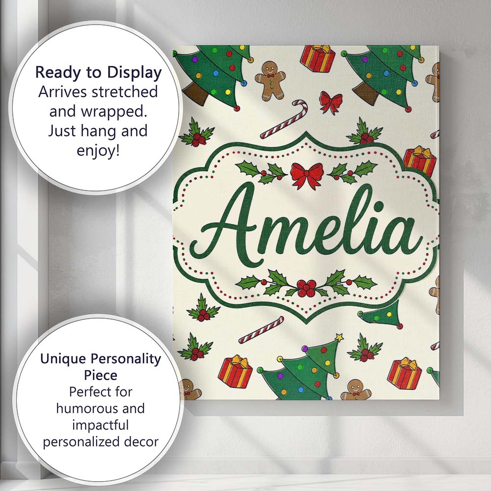 Personalised Name Cute Christmas Trees with Custom  Bespoke Interior Contemporary Canvas Wall Art Print Decor Picture Ready to Hang