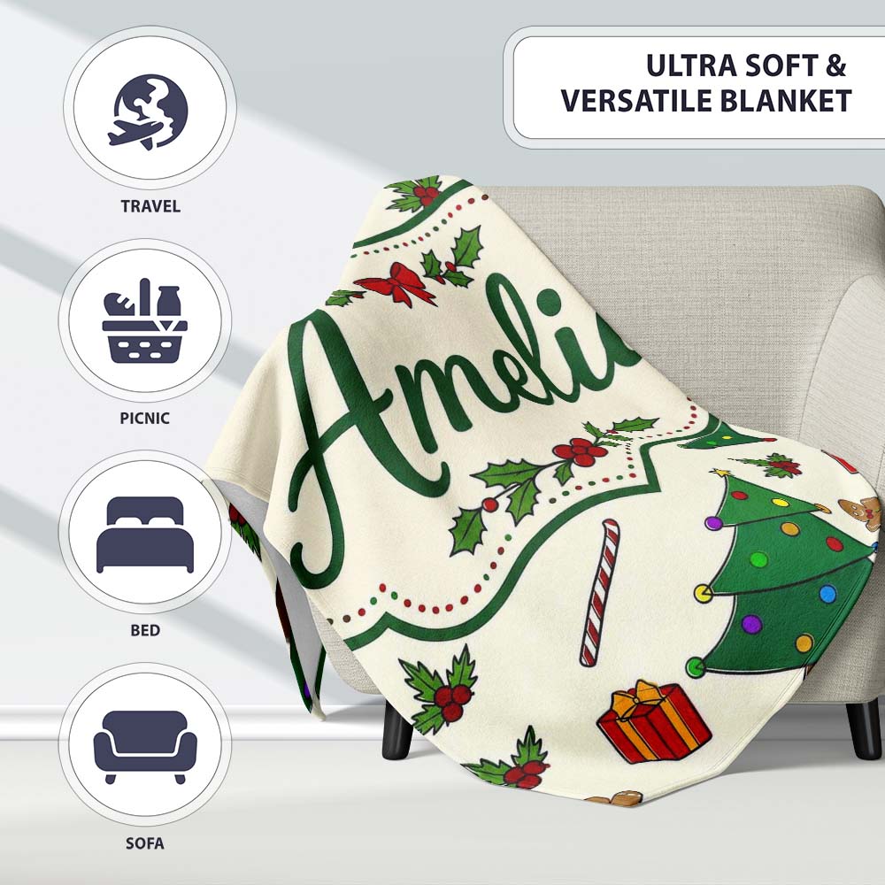 Cute Christmas Trees with Gingerbread Candy Canes and Gifts Seamless  Personalised Custom Name Super Soft Fleece Blanket Bed Sofa Throw
