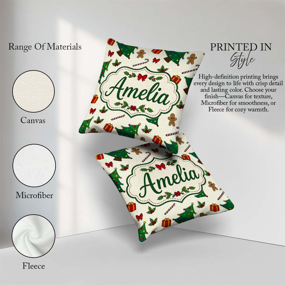 Custom Name Christmas Trees with Candy Canes and Gifts Seamless Square Filled Cushion Throw Pillow Sofa Bed Home Decor Zip Washable UK Made