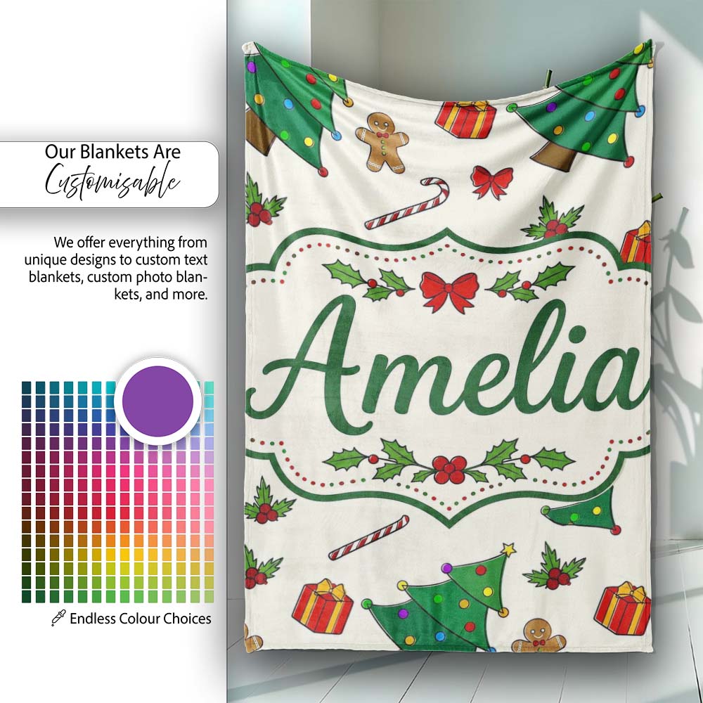 Cute Christmas Trees with Gingerbread Candy Canes and Gifts Seamless  Personalised Custom Name Super Soft Fleece Blanket Bed Sofa Throw