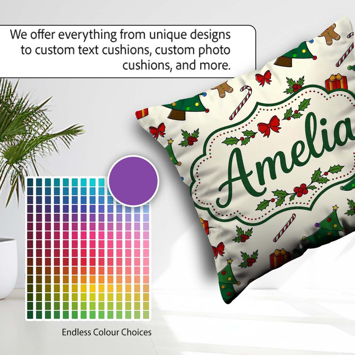 Custom Name Christmas Trees with Candy Canes and Gifts Seamless Square Filled Cushion Throw Pillow Sofa Bed Home Decor Zip Washable UK Made