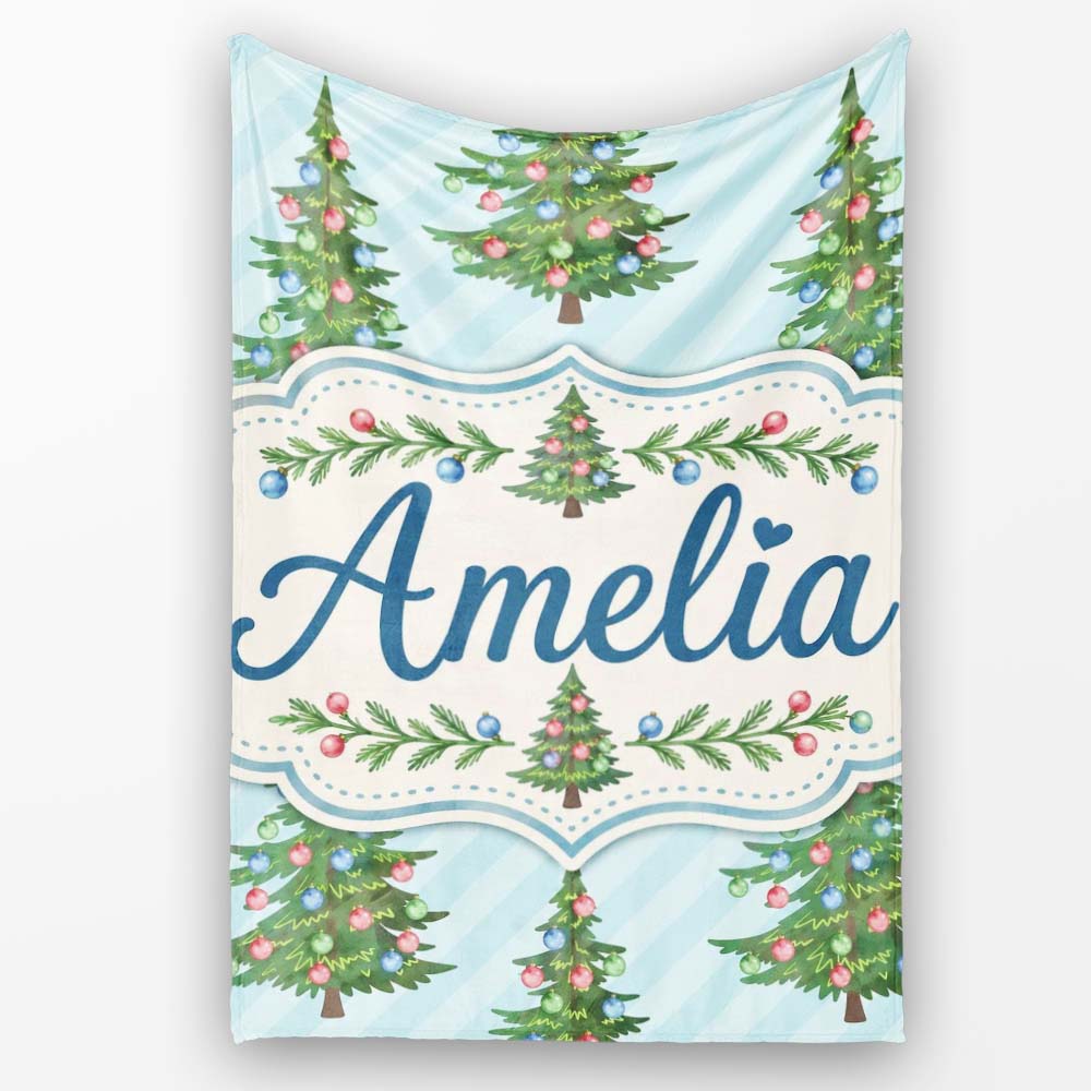 Decorated Christmas Trees with Colorful Baubles on Blue Striped  Personalised Custom Name Super Soft Fleece Blanket Bed Sofa Throw