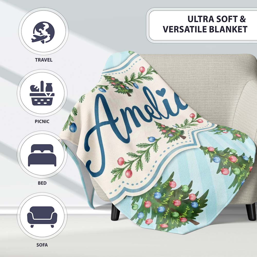 Decorated Christmas Trees with Colorful Baubles on Blue Striped  Personalised Custom Name Super Soft Fleece Blanket Bed Sofa Throw