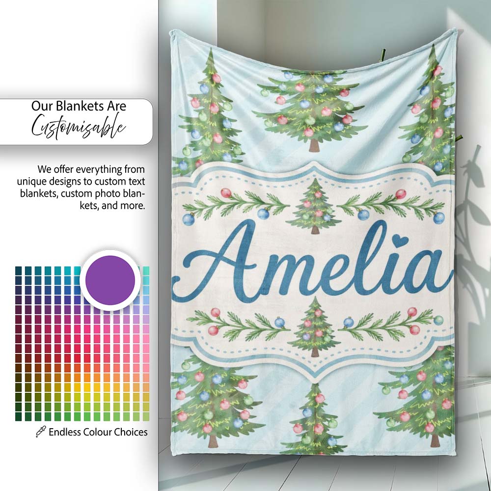 Decorated Christmas Trees with Colorful Baubles on Blue Striped  Personalised Custom Name Super Soft Fleece Blanket Bed Sofa Throw