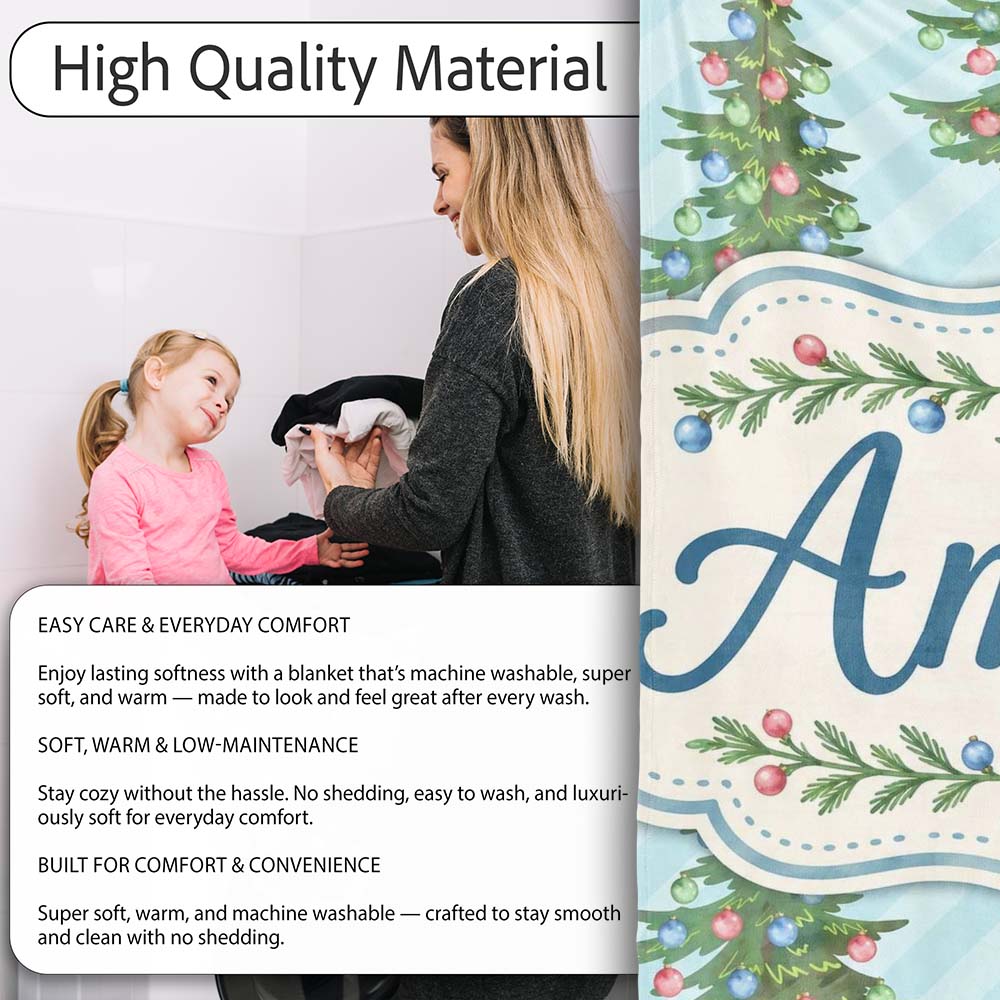 Decorated Christmas Trees with Colorful Baubles on Blue Striped  Personalised Custom Name Super Soft Fleece Blanket Bed Sofa Throw