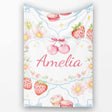 Strawberry Cherry Daisy White Blue Outline Cute Coquette Floral  Personalised Custom Name Super Soft Fleece Blanket Bed Sofa Throw