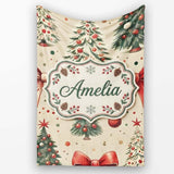 Vintage Christmas Trees with Red Bows Ornaments and Snowflakes  Personalised Custom Name Super Soft Fleece Blanket Bed Sofa Throw