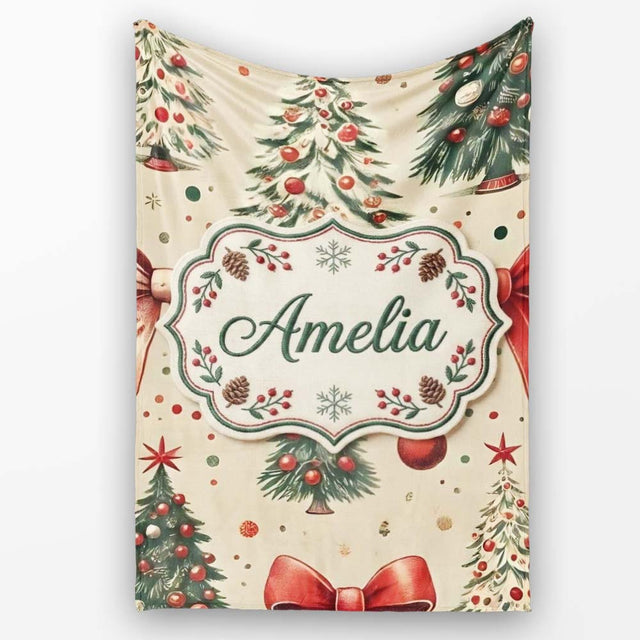 Vintage Christmas Trees with Red Bows Ornaments and Snowflakes  Personalised Custom Name Super Soft Fleece Blanket Bed Sofa Throw