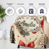 Vintage Christmas Trees with Red Bows Ornaments and Snowflakes  Personalised Custom Name Super Soft Fleece Blanket Bed Sofa Throw