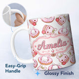 Personalized Custom Name Cute Kawaii Bunny Donuts Strawberry Dessert Pattern Light Grey 11oz Ceramic Coffee Tea Mug White Large Handle