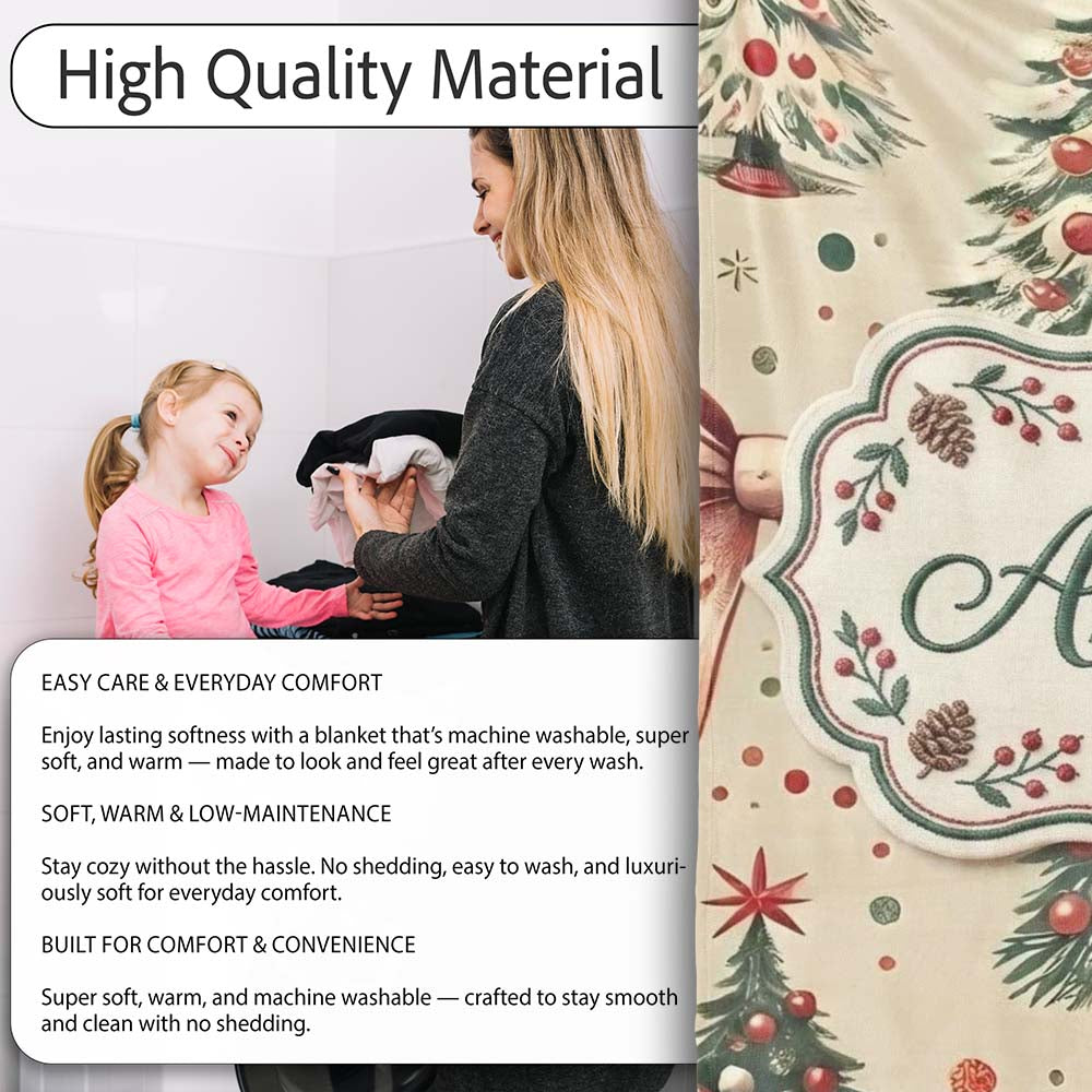 Vintage Christmas Trees with Red Bows Ornaments and Snowflakes  Personalised Custom Name Super Soft Fleece Blanket Bed Sofa Throw