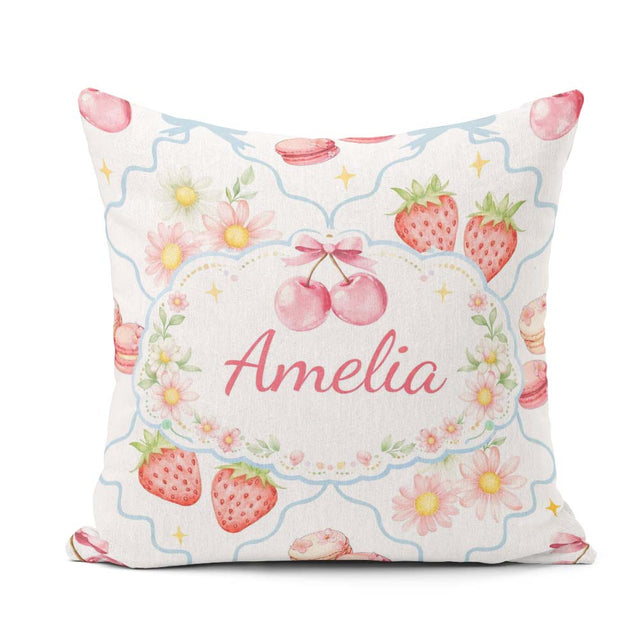 Custom Name Cherry Daisy White Blue Outline Cute Coquette Floral Square Filled Cushion Throw Pillow Sofa Bed Home Decor Zip Washable UK Made