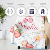 Strawberry Cherry Daisy White Blue Outline Cute Coquette Floral  Personalised Custom Name Super Soft Fleece Blanket Bed Sofa Throw