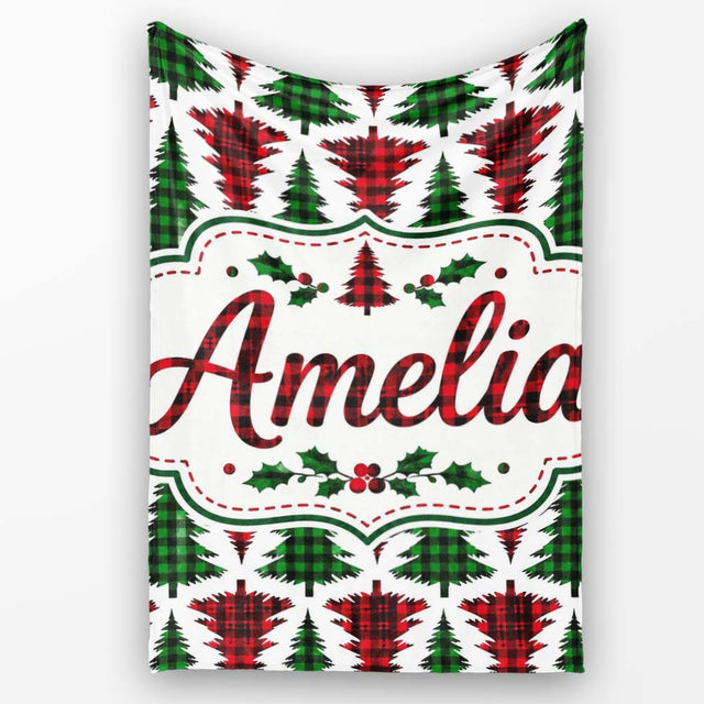 Buffalo Plaid Christmas Trees in Red and Green Rustic Seamless  Personalised Custom Name Super Soft Fleece Blanket Bed Sofa Throw