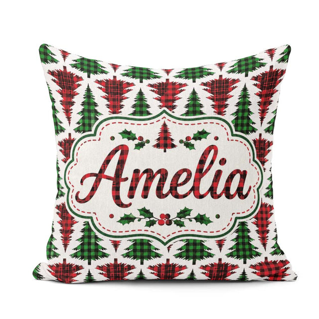 Custom Name Buffalo Plaid Trees in Red and Green Rustic Seamless Square Filled Cushion Throw Pillow Sofa Bed Home Decor Zip Washable UK Made