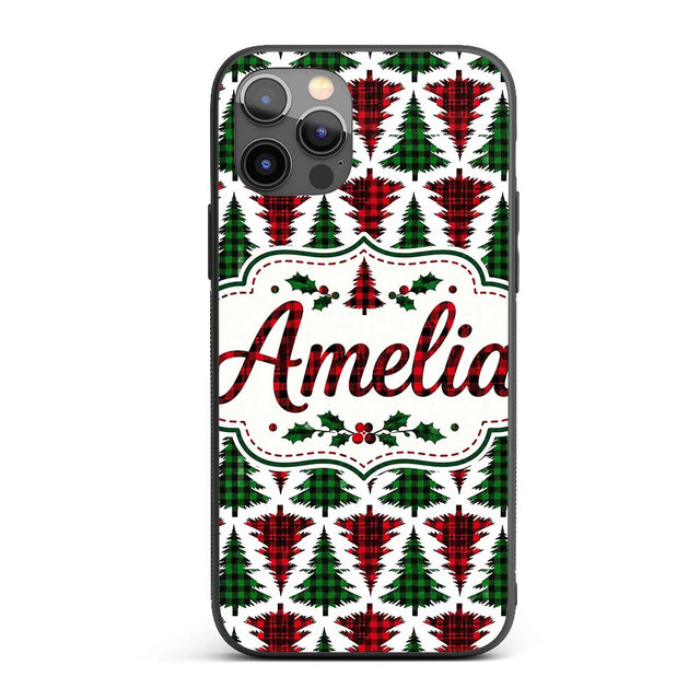 Buffalo Plaid Christmas Trees in Red and Green Custom Name Protective Phone Case Mobile Cover Durable Everyday Smartphone Shock Resistant