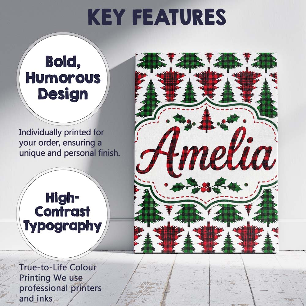 Personalised Name Buffalo Plaid Christmas Custom  Unique Gift Idea Elegant Feature Canvas Wall Art Print Decor Picture Ready to Hang