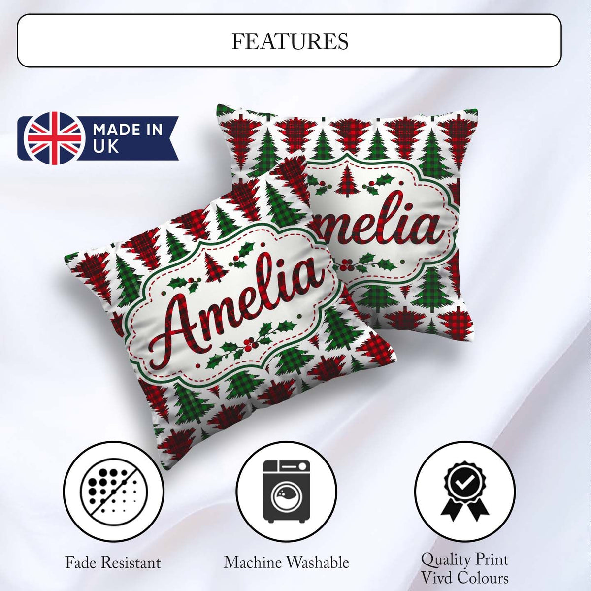 Custom Name Buffalo Plaid Trees in Red and Green Rustic Seamless Square Filled Cushion Throw Pillow Sofa Bed Home Decor Zip Washable UK Made