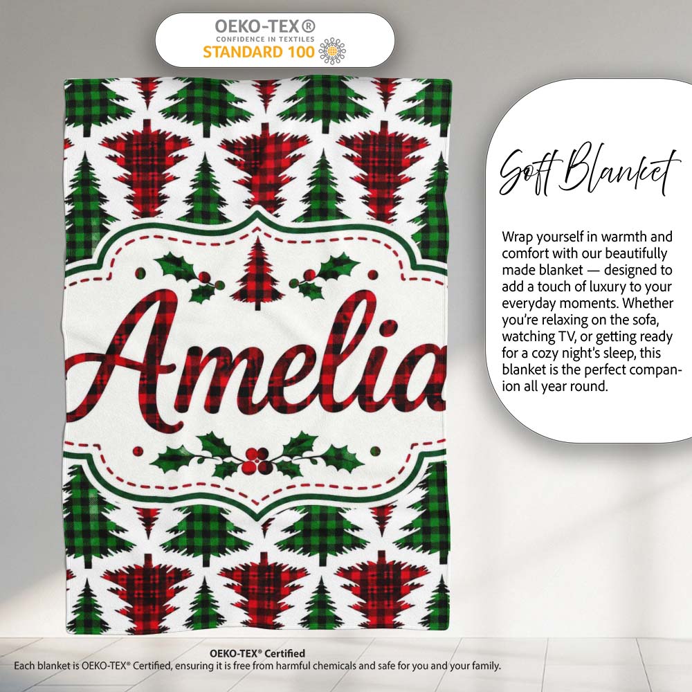 Buffalo Plaid Christmas Trees in Red and Green Rustic Seamless  Personalised Custom Name Super Soft Fleece Blanket Bed Sofa Throw